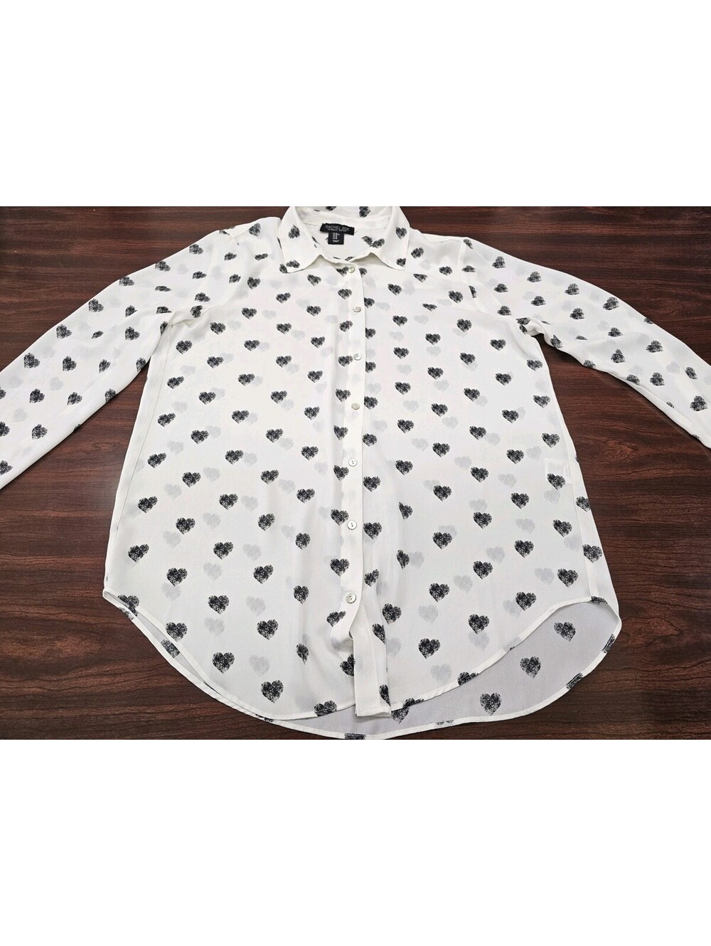 Rachel Zoe M White Sheer Blouse Black Heart Print Button Front Long Sleeve